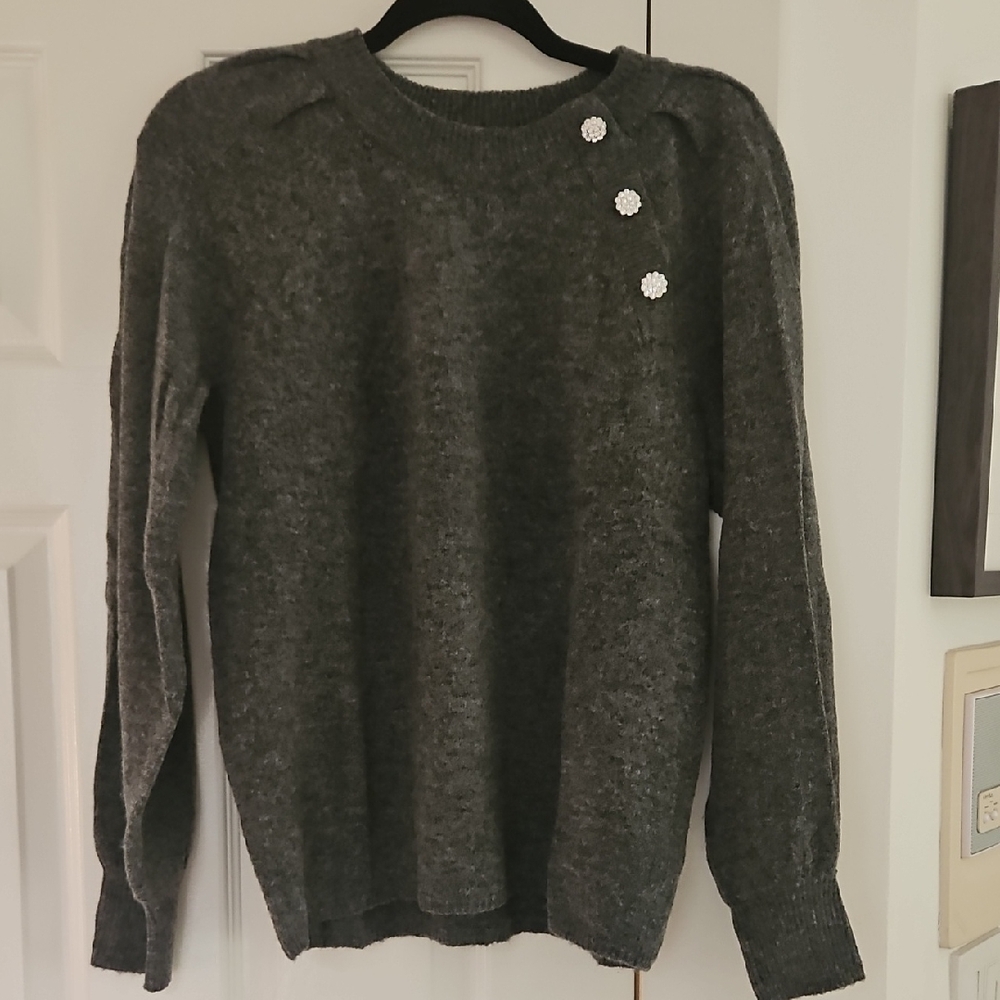 Elegant Charcoal Crewneck Sweater with Button Accents